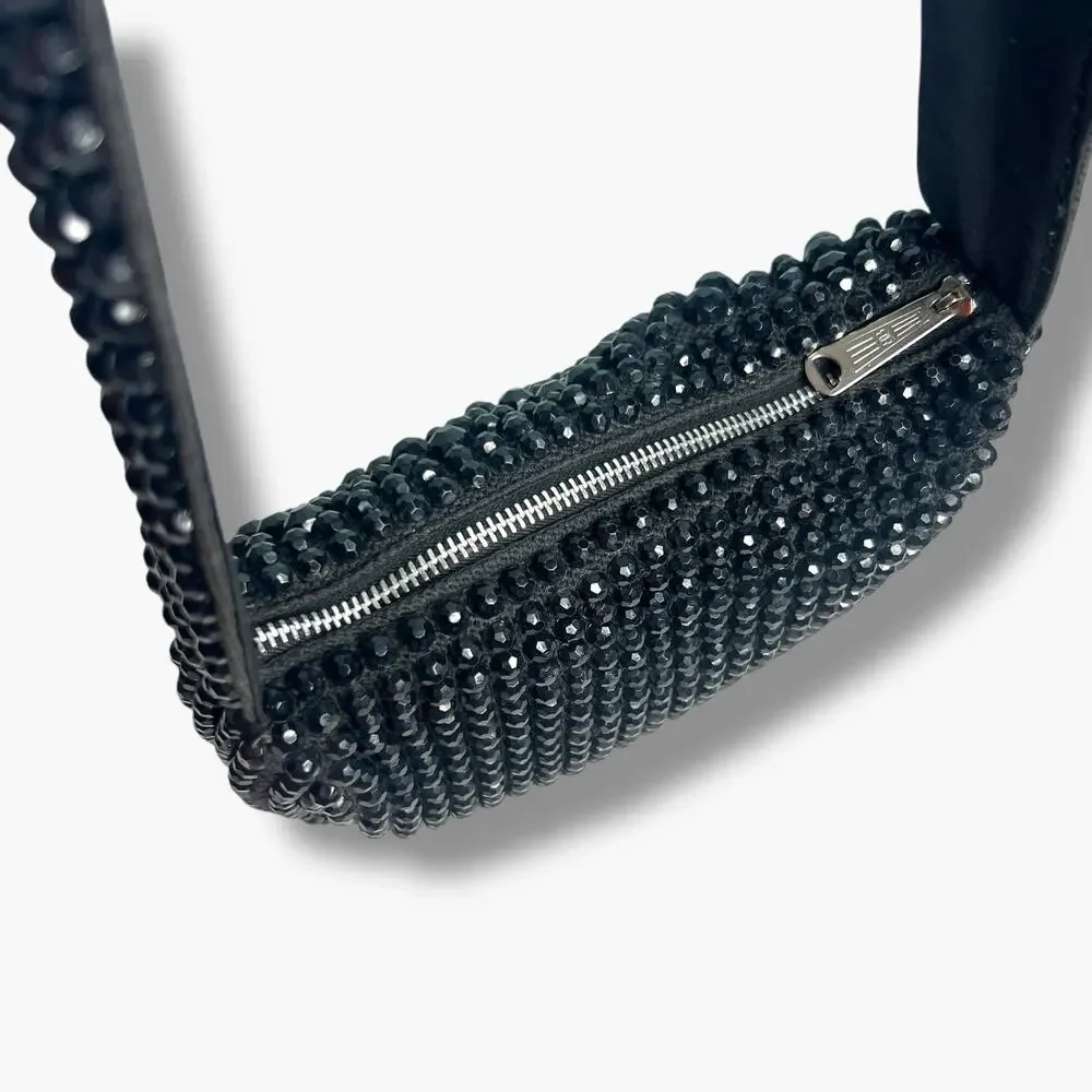Vintage 60s Black Beaded Shoulder Bag Evening Purse Chunky Zipper Roger Van-S